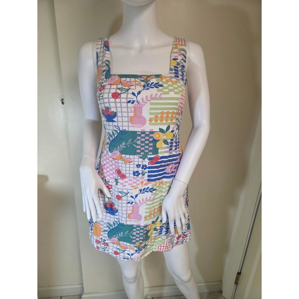 Japna Womens XS Fruit Floral Patchwork Smocked Back Mini Dress Multicolor Linen
